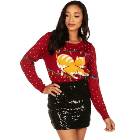 NWT Tipsy Elves Cat-itude Light Up Ugly Christmas Sweater - size S - Picture 1 of 5